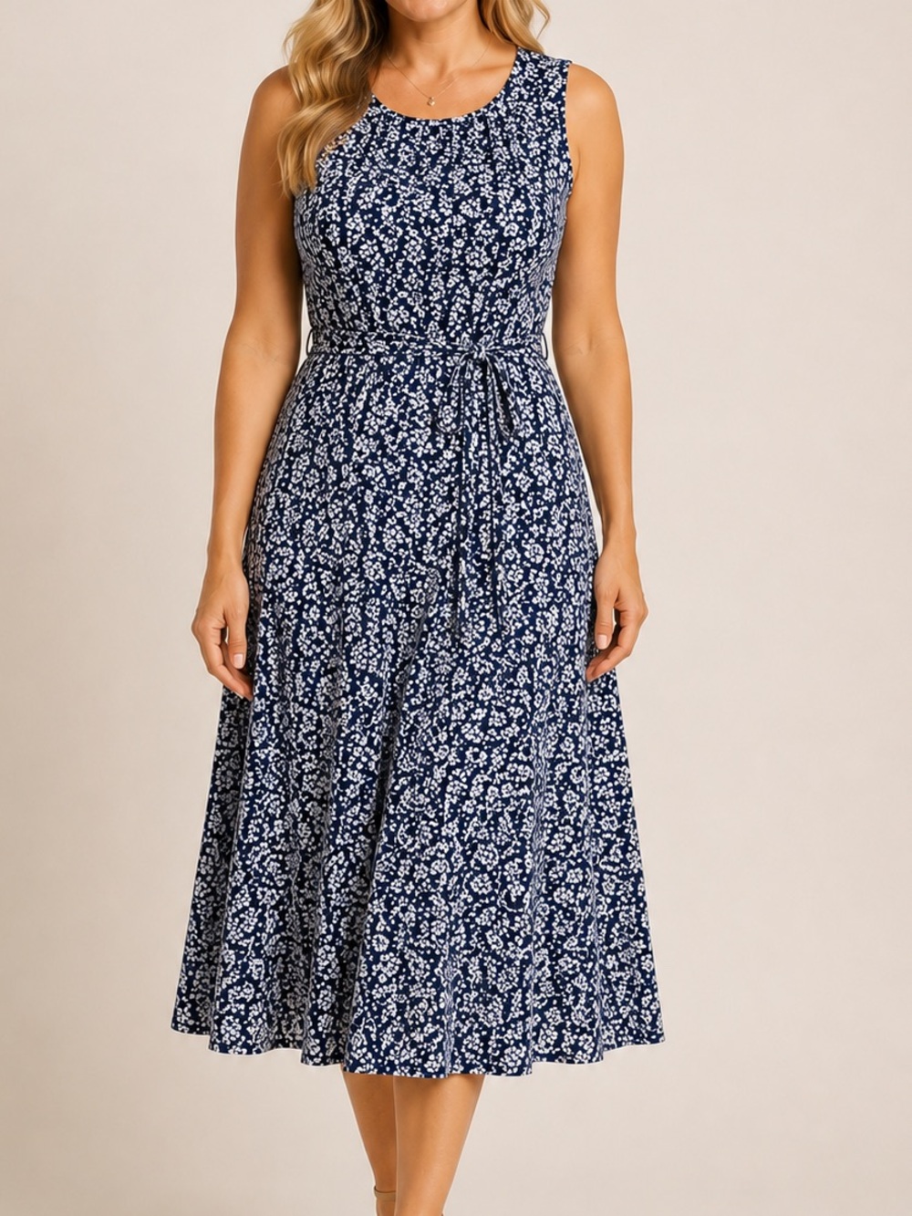 MSK Navy Blue Midi Dress Size 18 Sleeveless Floral Belted Plus